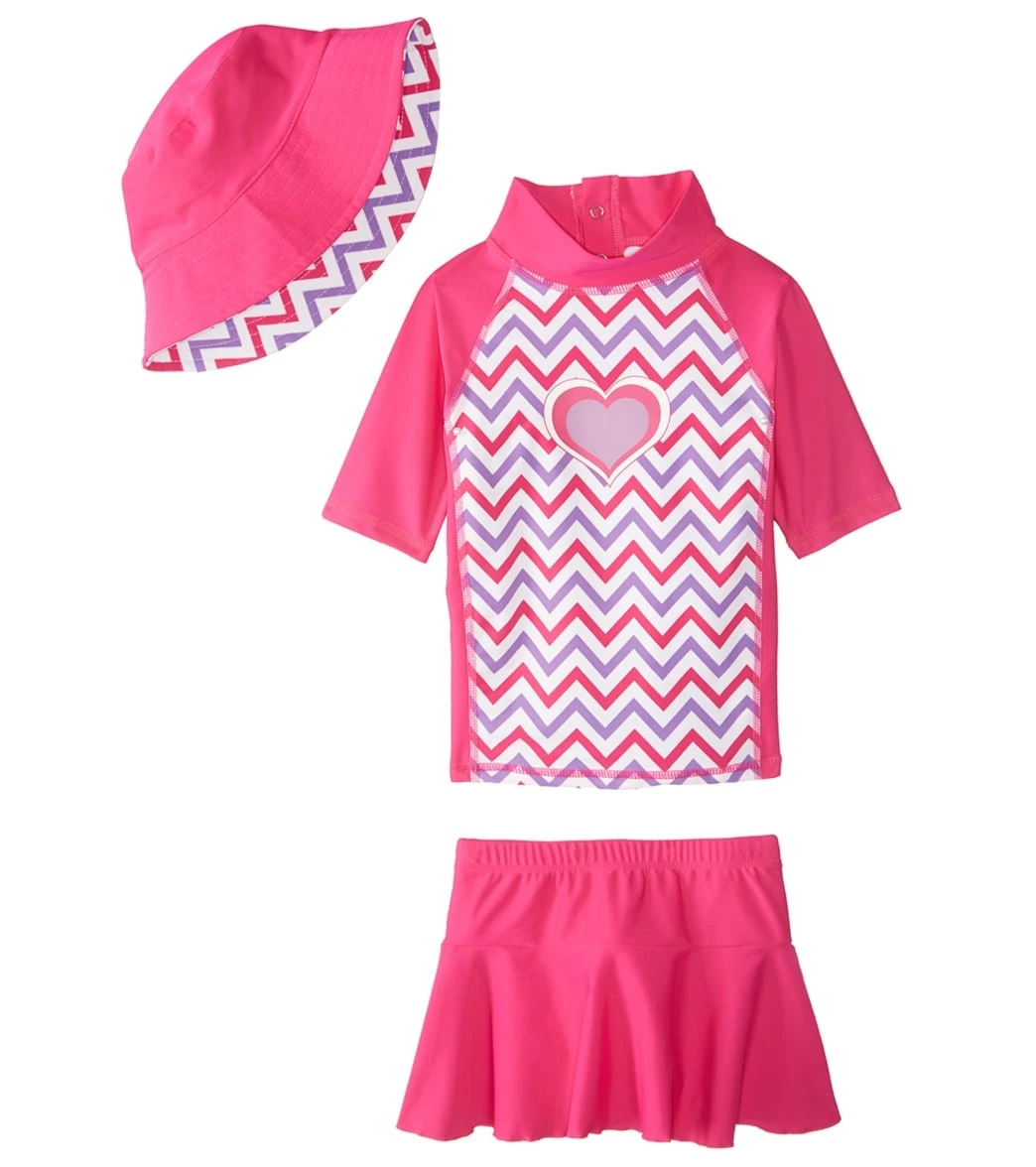 Girls' UPF 50+ S/S Rash Guard And Cover Up Skirt Set With Sun Hat (2T-5T)
