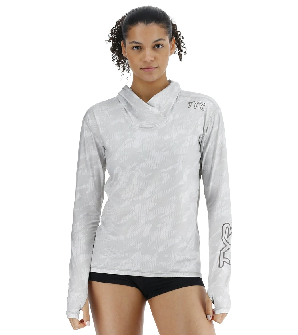TYR Women's Camohex SunDefense Long Sleeve Hooded UPF 50+ Swim Shirt